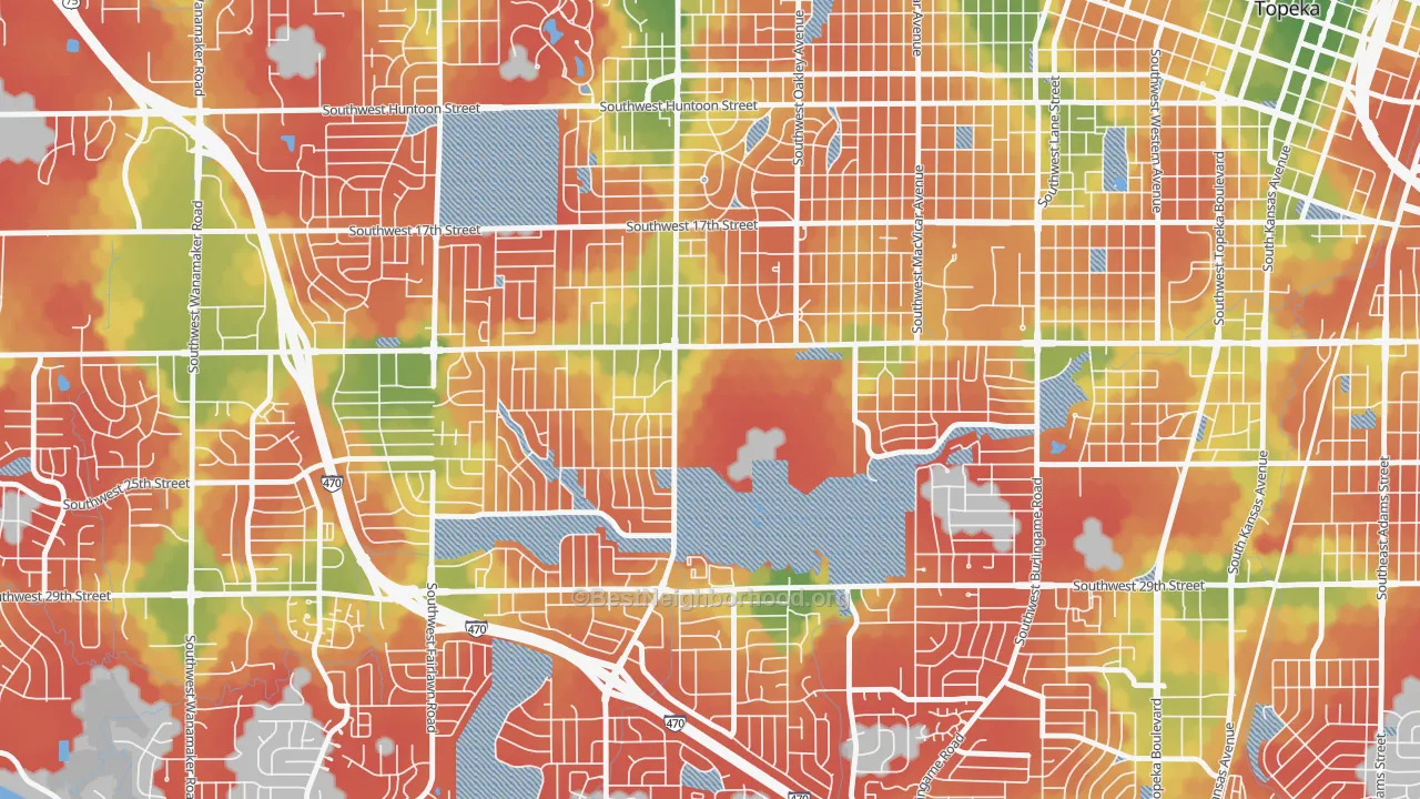 Walk Grade map of 66622, KS, walkable areas in green and car-dependent areas in red