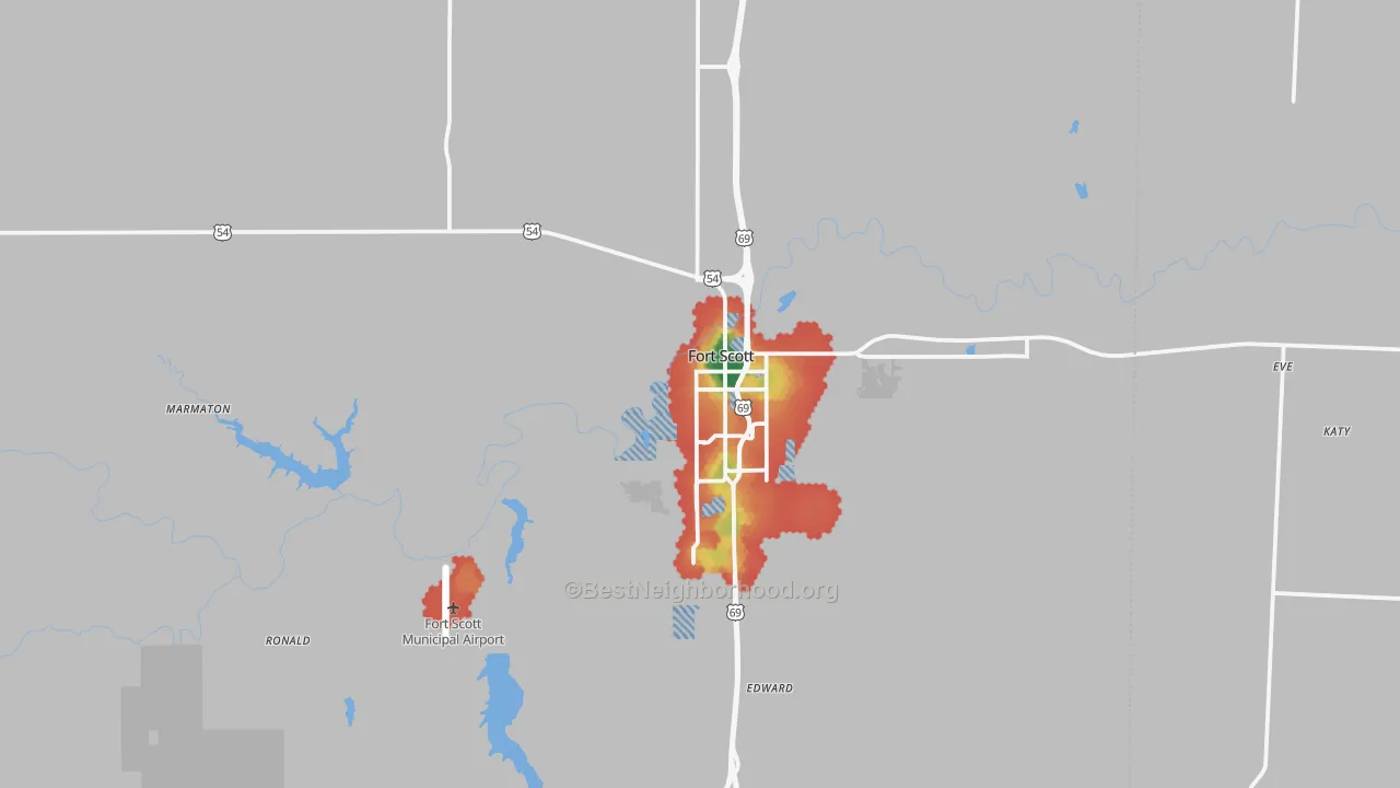Walk Grade map of 66701, KS, walkable areas in green and car-dependent areas in red