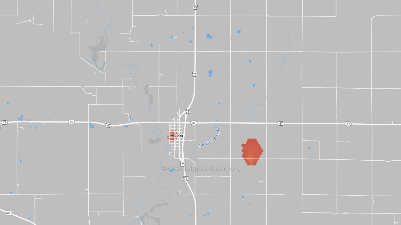 Walk Grade map of 66710, KS, walkable areas in green and car-dependent areas in red