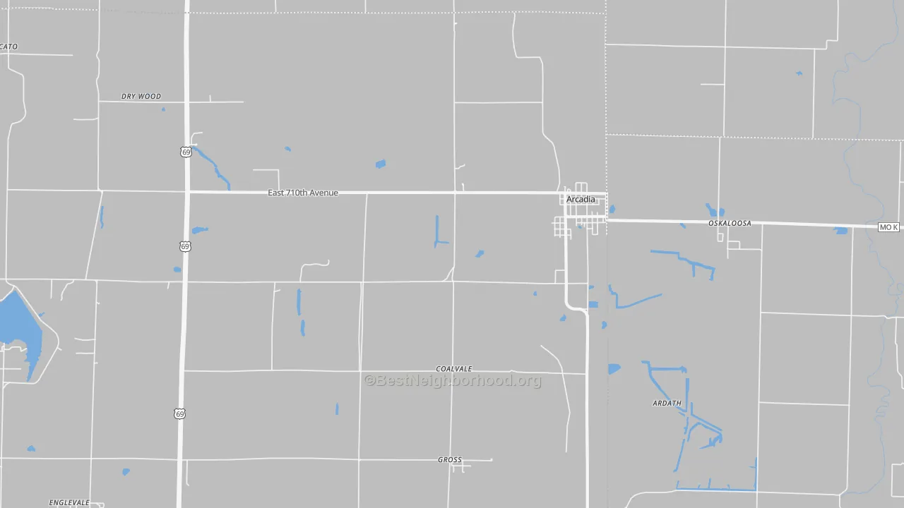 Walk Grade map of 66711, KS, walkable areas in green and car-dependent areas in red