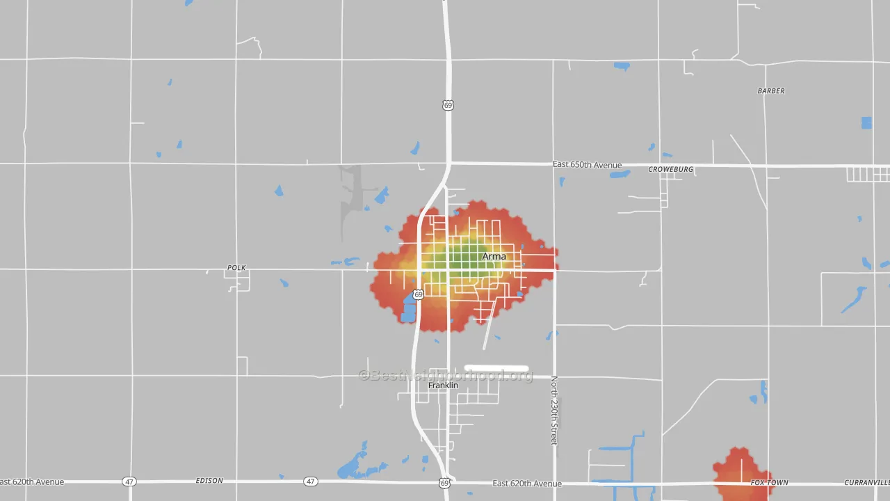 Walk Grade map of 66712, KS, walkable areas in green and car-dependent areas in red