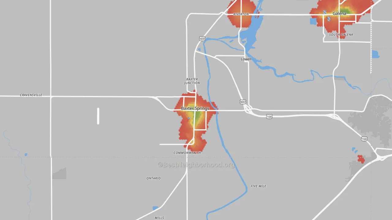 Walk Grade map of 66713, KS, walkable areas in green and car-dependent areas in red
