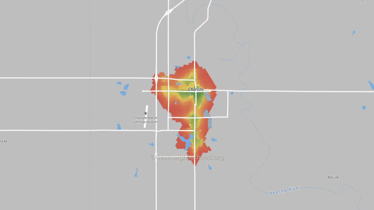 Walk Grade map of 66720, KS, walkable areas in green and car-dependent areas in red