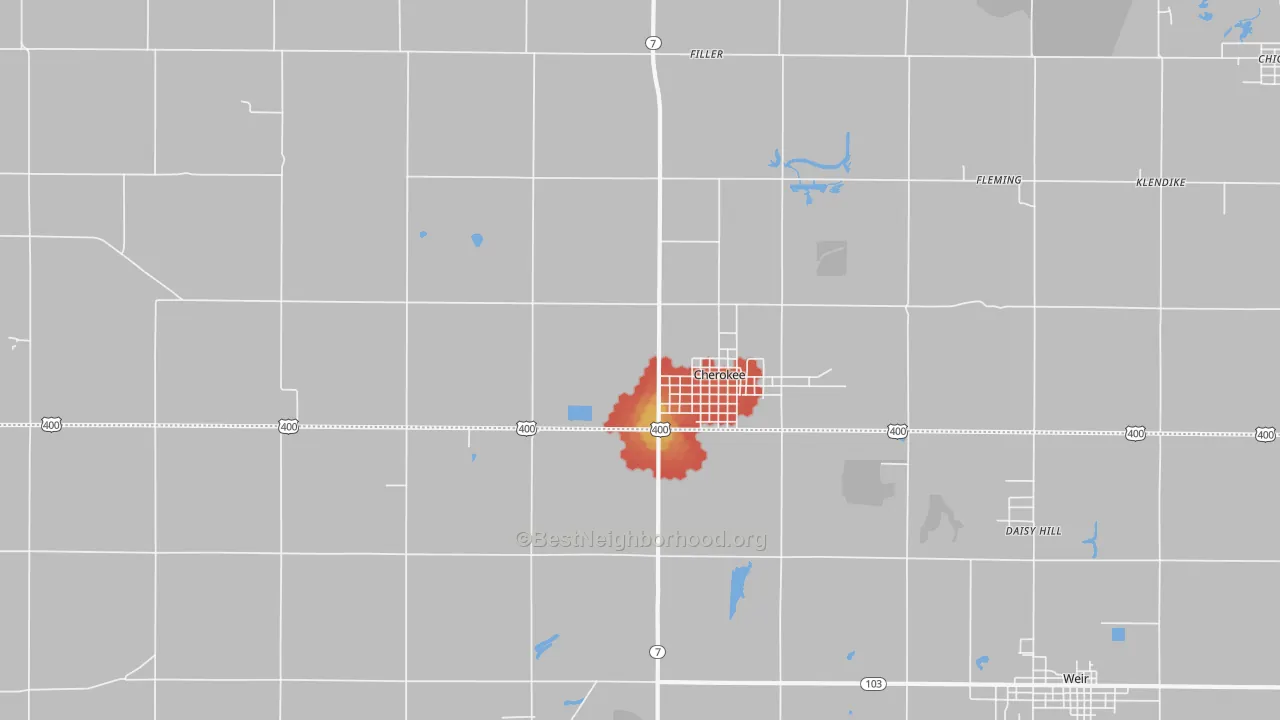Walk Grade map of 66724, KS, walkable areas in green and car-dependent areas in red
