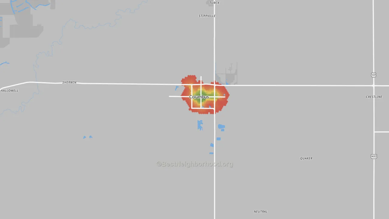 Walk Grade map of 66725, KS, walkable areas in green and car-dependent areas in red
