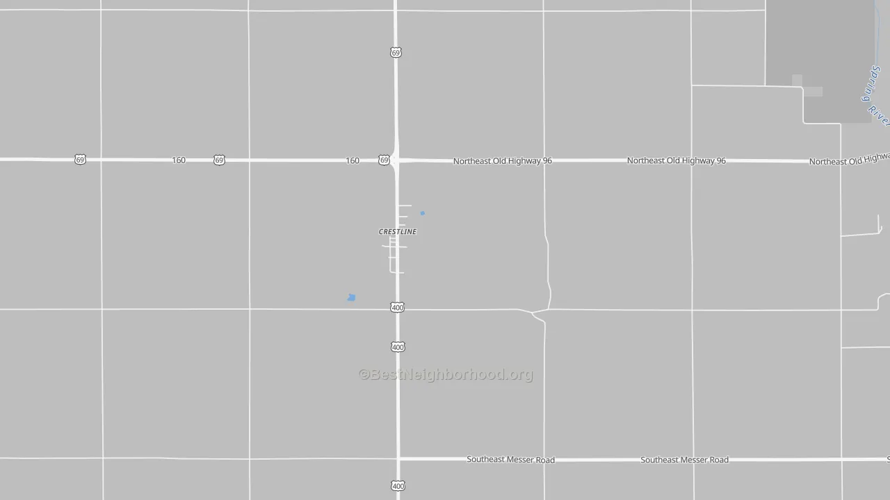 Walk Grade map of 66728, KS, walkable areas in green and car-dependent areas in red
