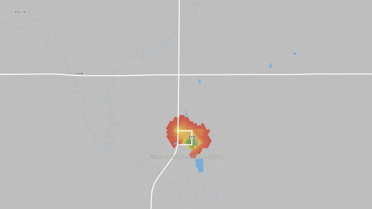 Walk Grade map of 66733, KS, walkable areas in green and car-dependent areas in red