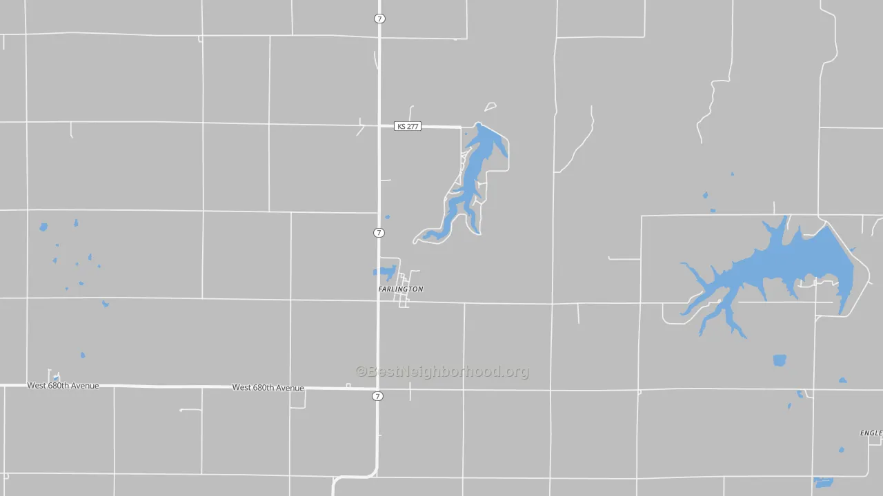 Walk Grade map of 66734, KS, walkable areas in green and car-dependent areas in red