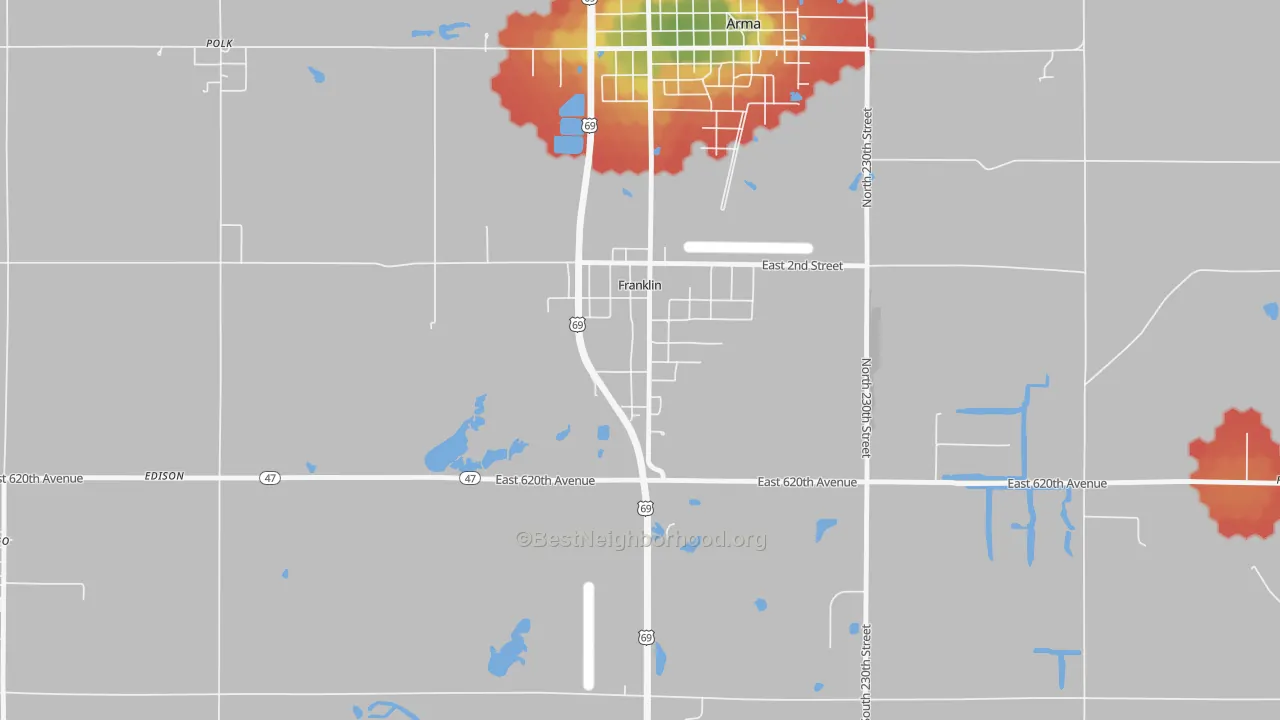 Walk Grade map of 66735, KS, walkable areas in green and car-dependent areas in red