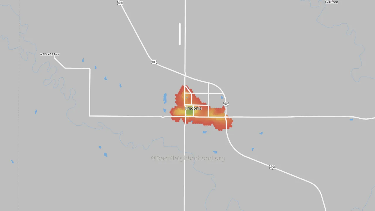Walk Grade map of 66736, KS, walkable areas in green and car-dependent areas in red