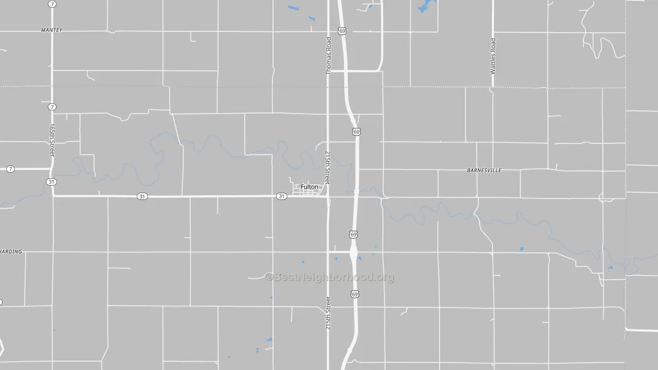 Walk Grade map of 66738, KS, walkable areas in green and car-dependent areas in red