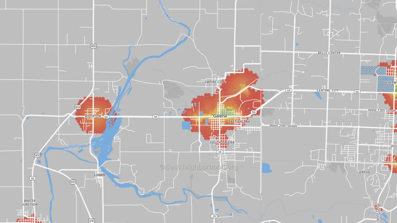 Walk Grade map of 66739, KS, walkable areas in green and car-dependent areas in red
