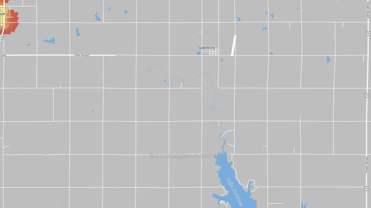 Walk Grade map of 66740, KS, walkable areas in green and car-dependent areas in red