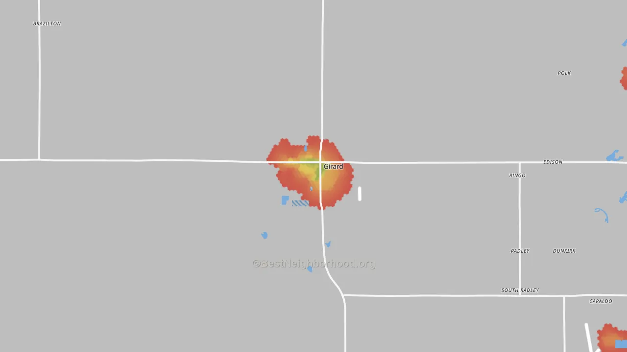 Walk Grade map of 66743, KS, walkable areas in green and car-dependent areas in red