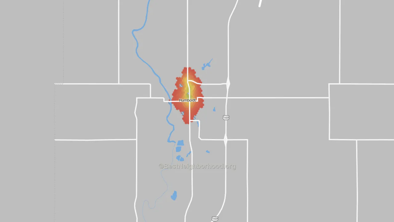 Walk Grade map of 66748, KS, walkable areas in green and car-dependent areas in red