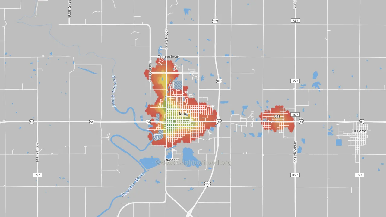 Walk Grade map of 66749, KS, walkable areas in green and car-dependent areas in red