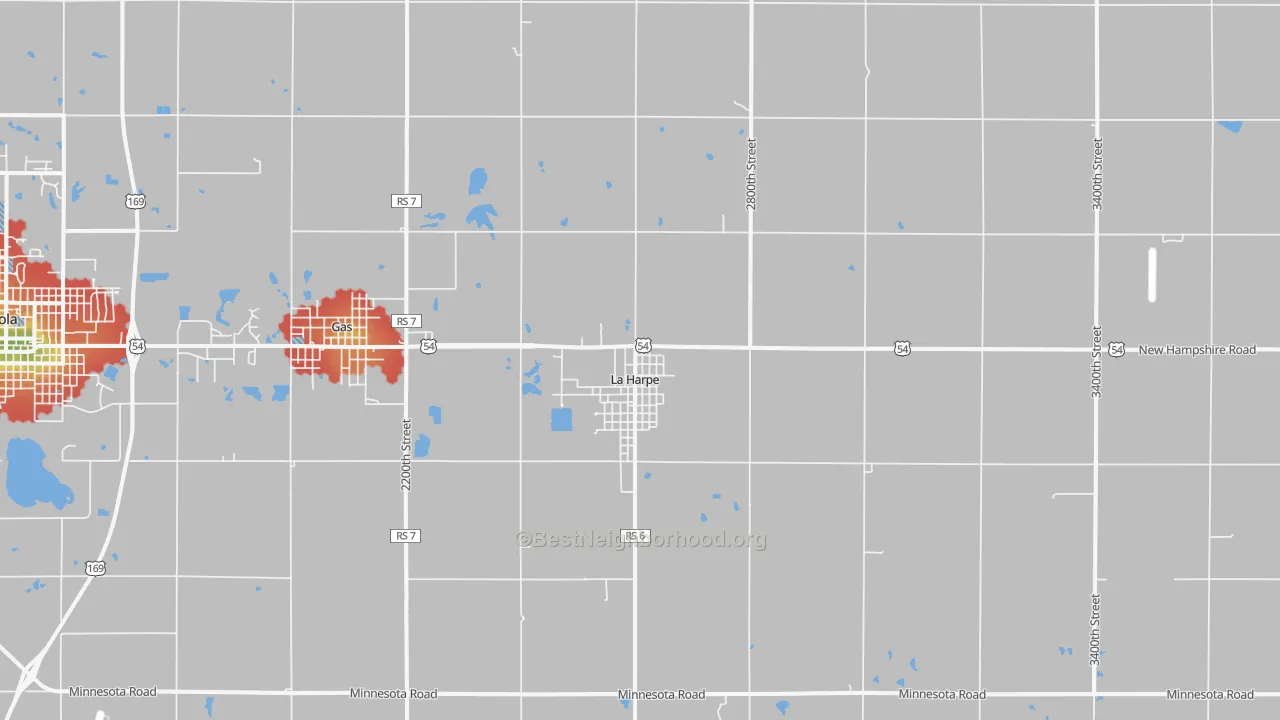 Walk Grade map of 66751, KS, walkable areas in green and car-dependent areas in red