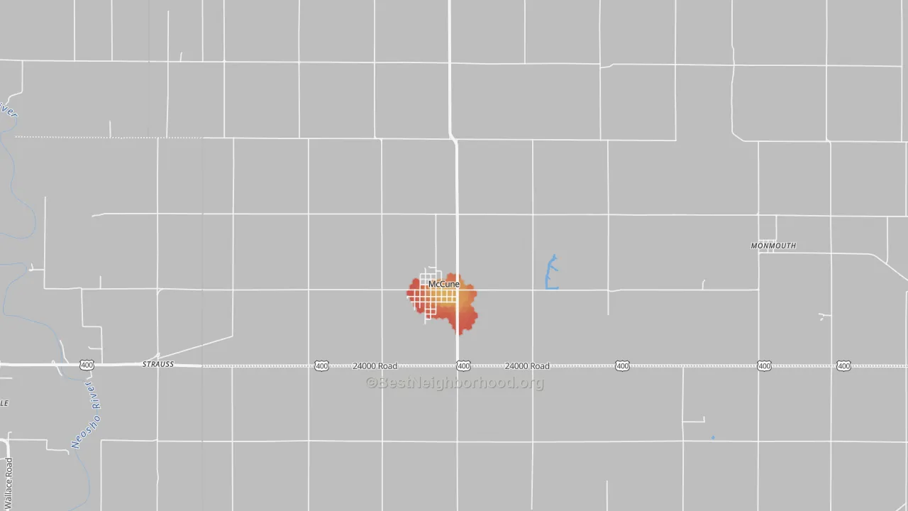 Walk Grade map of 66753, KS, walkable areas in green and car-dependent areas in red
