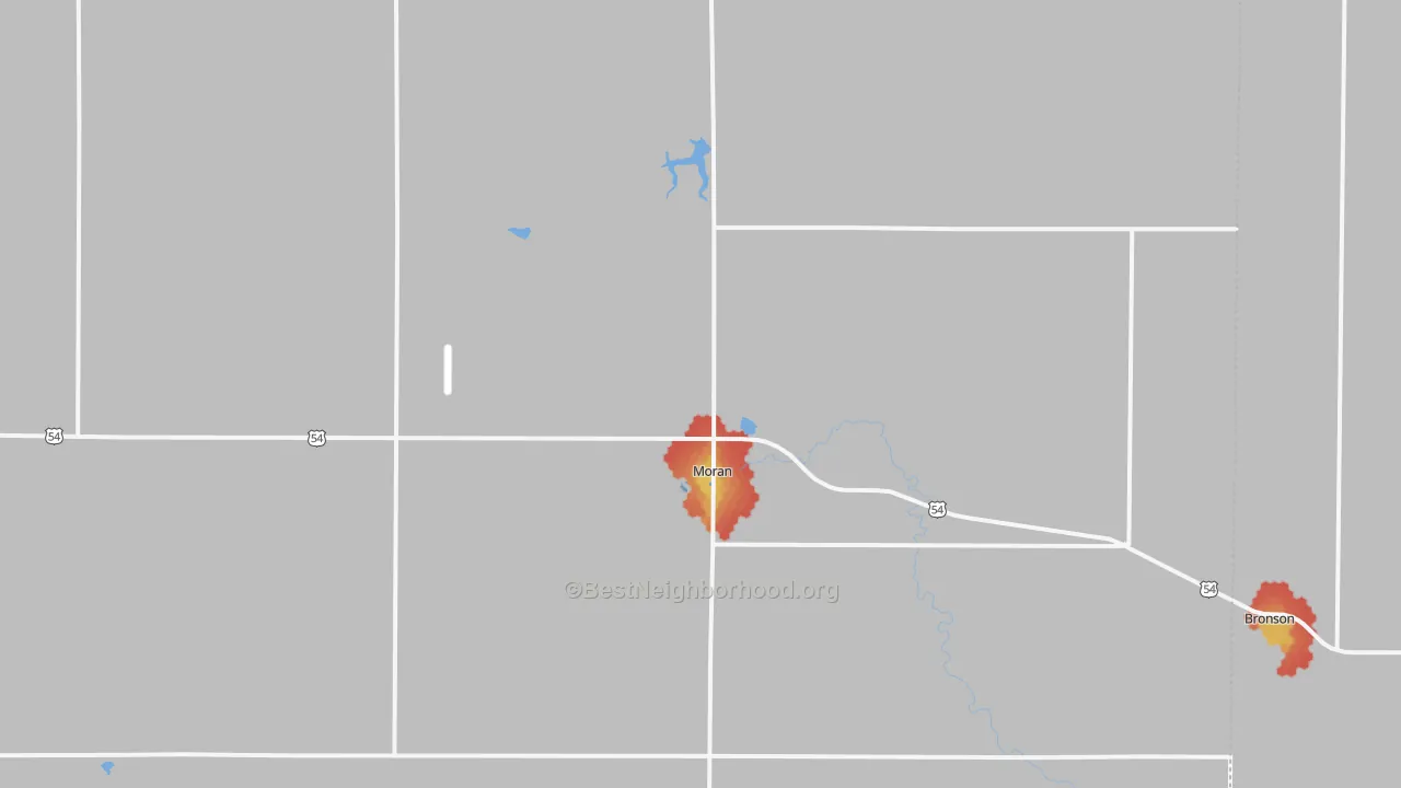 Walk Grade map of 66755, KS, walkable areas in green and car-dependent areas in red