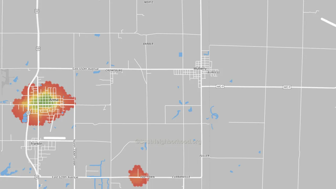 Walk Grade map of 66756, KS, walkable areas in green and car-dependent areas in red