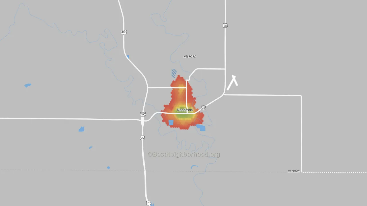 Walk Grade map of 66757, KS, walkable areas in green and car-dependent areas in red