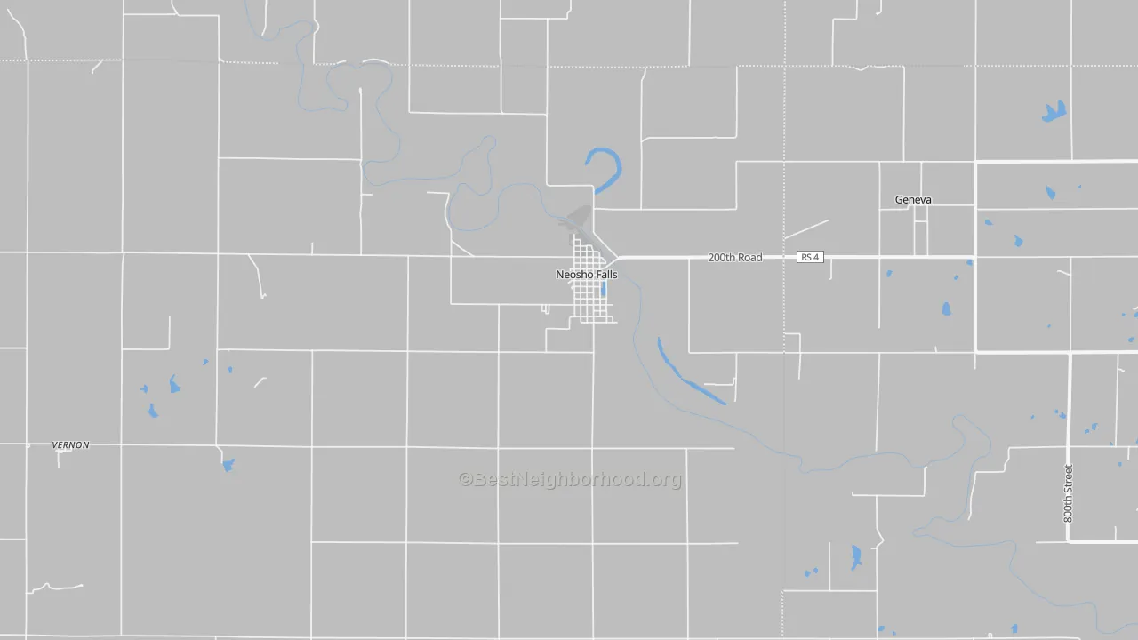 Walk Grade map of 66758, KS, walkable areas in green and car-dependent areas in red