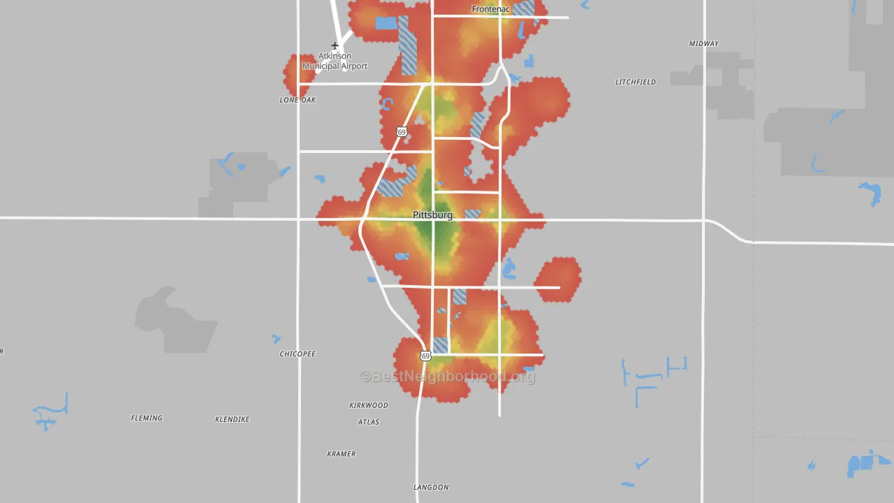 Walk Grade map of 66762, KS, walkable areas in green and car-dependent areas in red