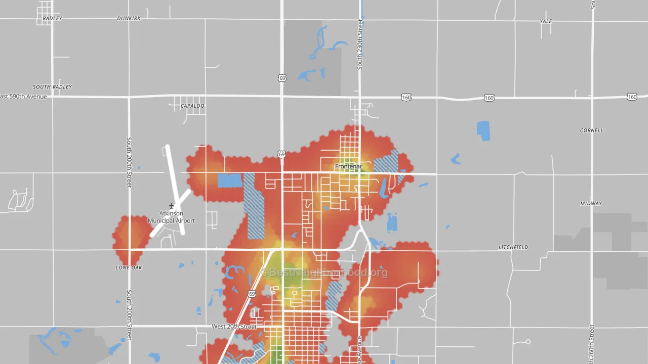 Walk Grade map of 66763, KS, walkable areas in green and car-dependent areas in red