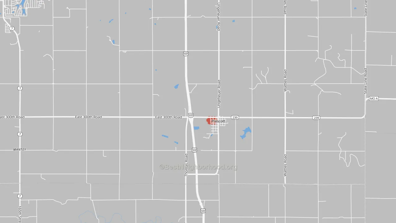 Walk Grade map of 66767, KS, walkable areas in green and car-dependent areas in red