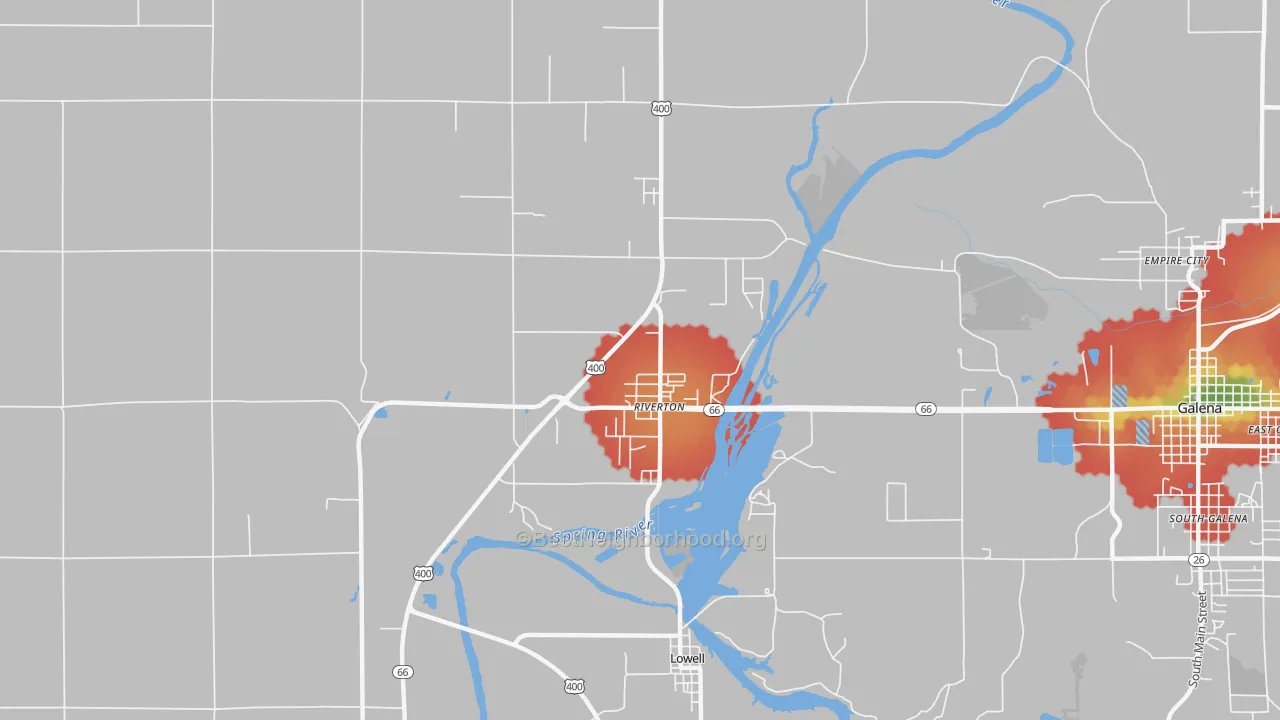 Walk Grade map of 66770, KS, walkable areas in green and car-dependent areas in red