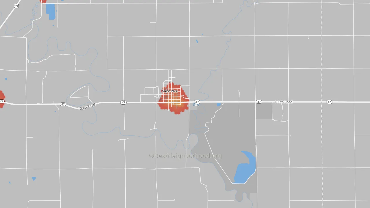 Walk Grade map of 66771, KS, walkable areas in green and car-dependent areas in red