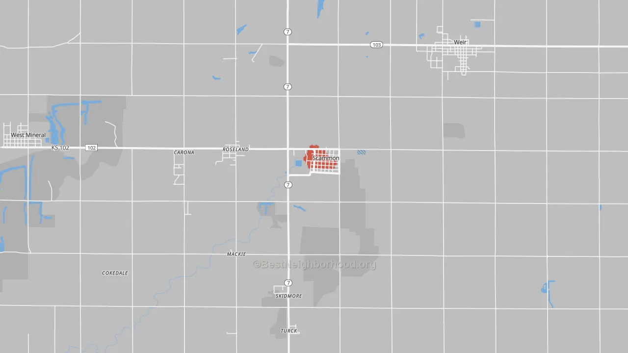 Walk Grade map of 66773, KS, walkable areas in green and car-dependent areas in red
