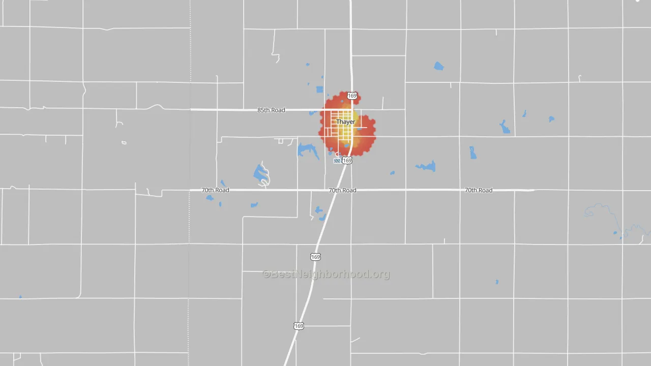 Walk Grade map of 66776, KS, walkable areas in green and car-dependent areas in red