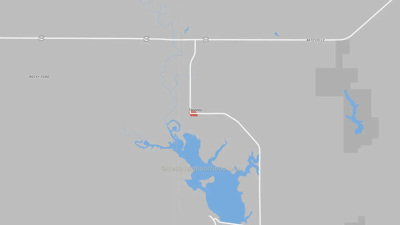 Walk Grade map of 66777, KS, walkable areas in green and car-dependent areas in red