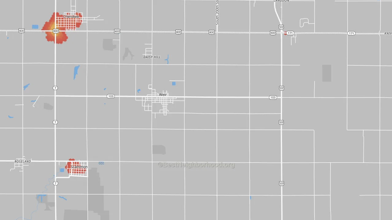 Walk Grade map of 66781, KS, walkable areas in green and car-dependent areas in red