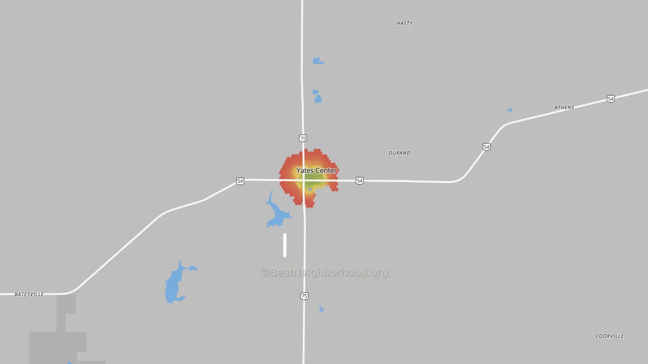Walk Grade map of 66783, KS, walkable areas in green and car-dependent areas in red