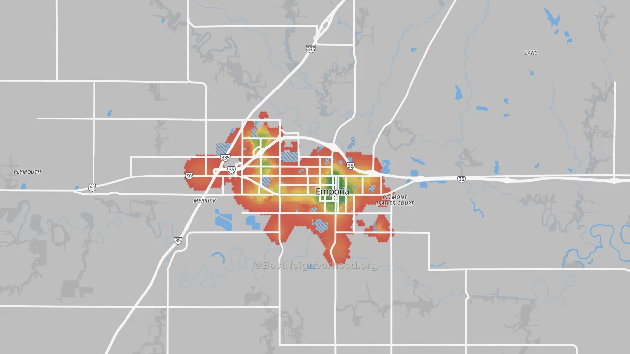 Walk Grade map of 66801, KS, walkable areas in green and car-dependent areas in red