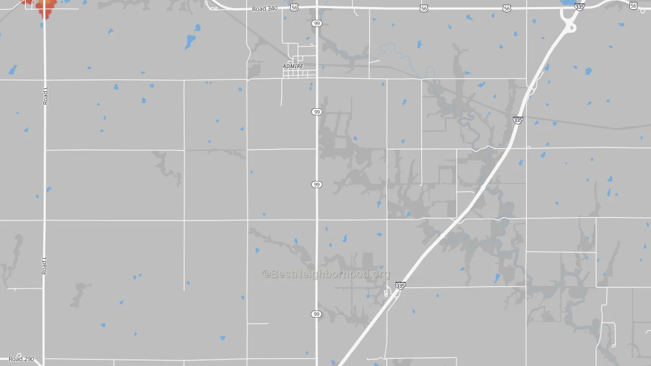 Walk Grade map of 66830, KS, walkable areas in green and car-dependent areas in red