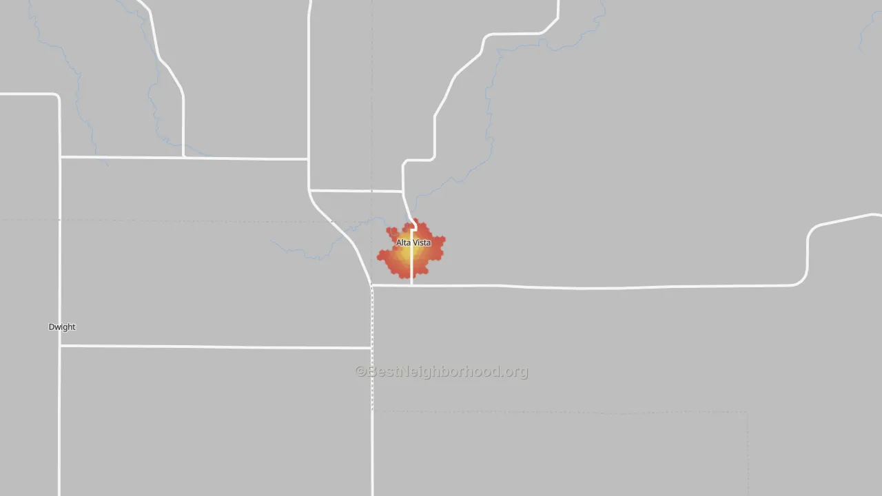 Walk Grade map of 66834, KS, walkable areas in green and car-dependent areas in red
