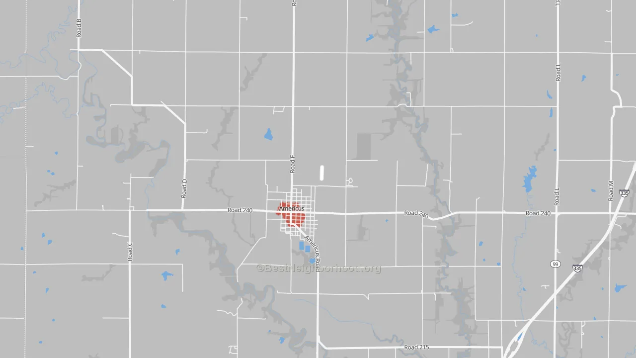 Walk Grade map of 66835, KS, walkable areas in green and car-dependent areas in red