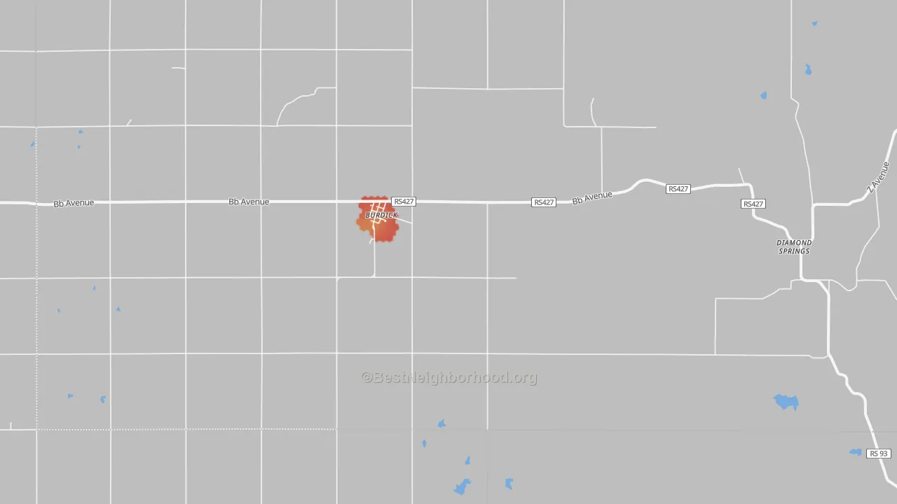 Walk Grade map of 66838, KS, walkable areas in green and car-dependent areas in red