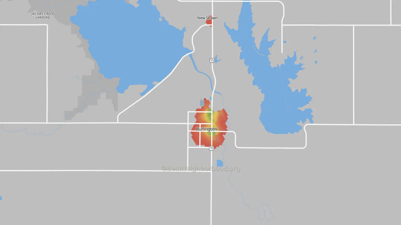 Walk Grade map of 66839, KS, walkable areas in green and car-dependent areas in red