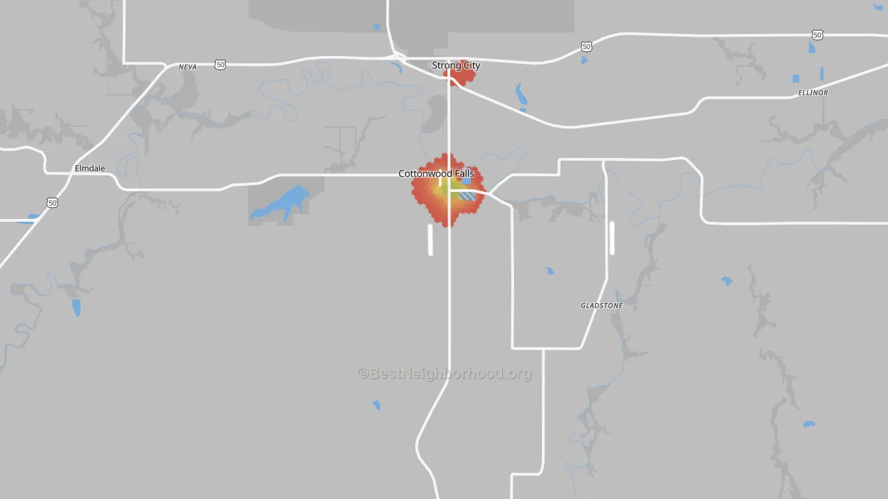 Walk Grade map of 66845, KS, walkable areas in green and car-dependent areas in red