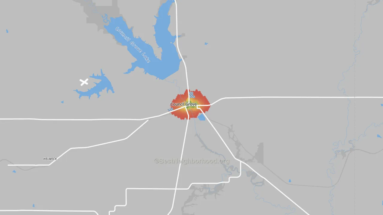 Walk Grade map of 66846, KS, walkable areas in green and car-dependent areas in red