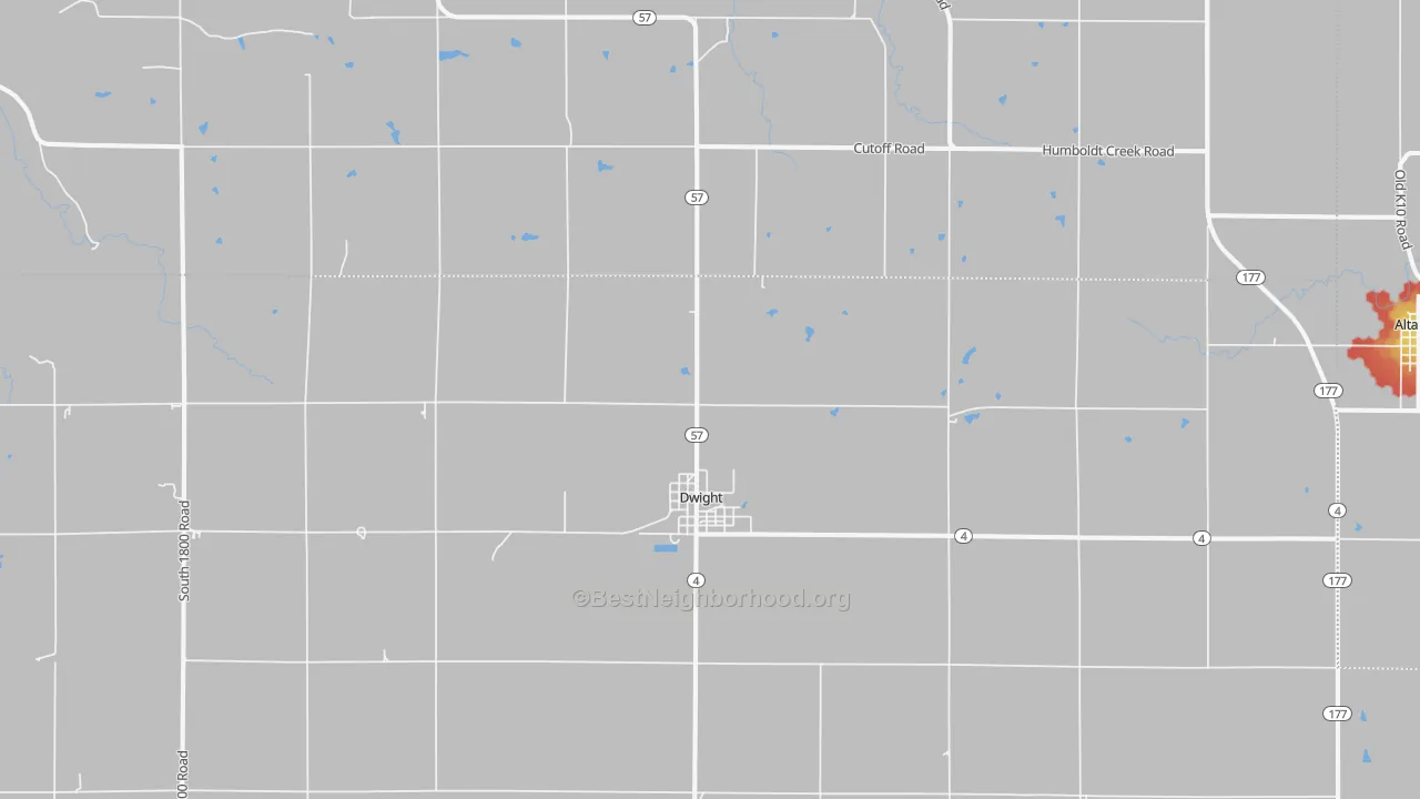 Walk Grade map of 66849, KS, walkable areas in green and car-dependent areas in red
