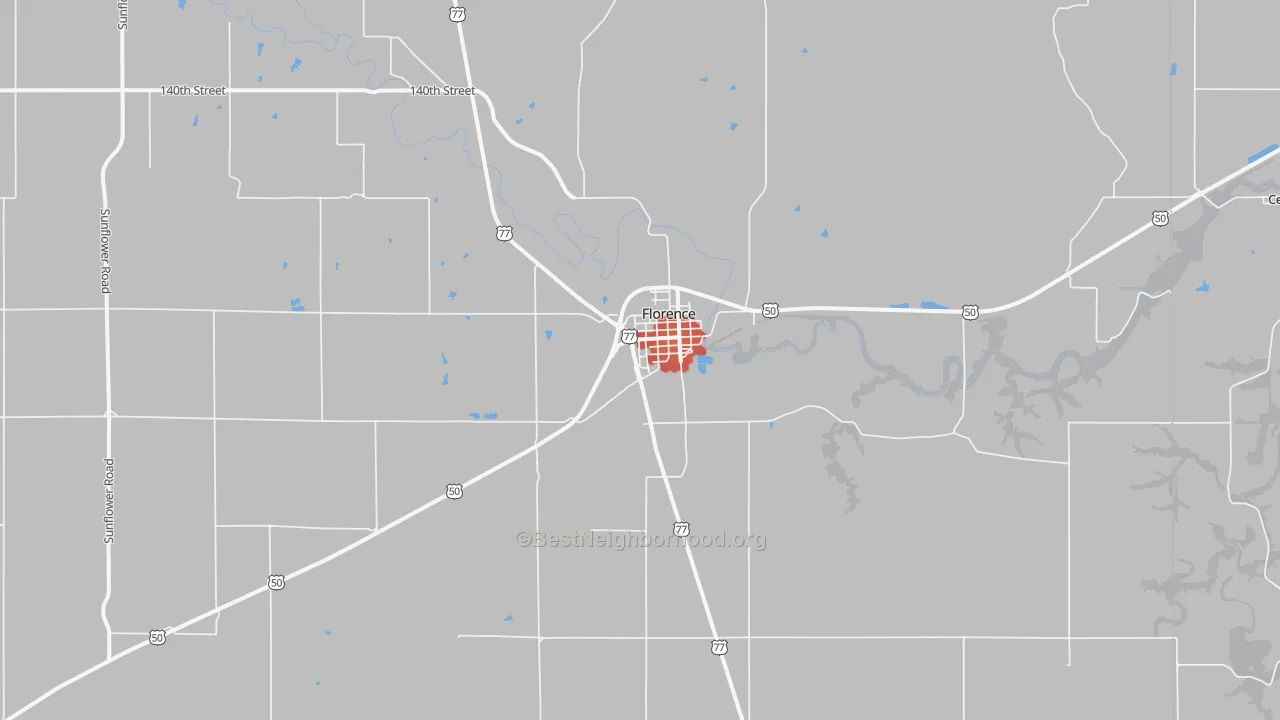 Walk Grade map of 66851, KS, walkable areas in green and car-dependent areas in red