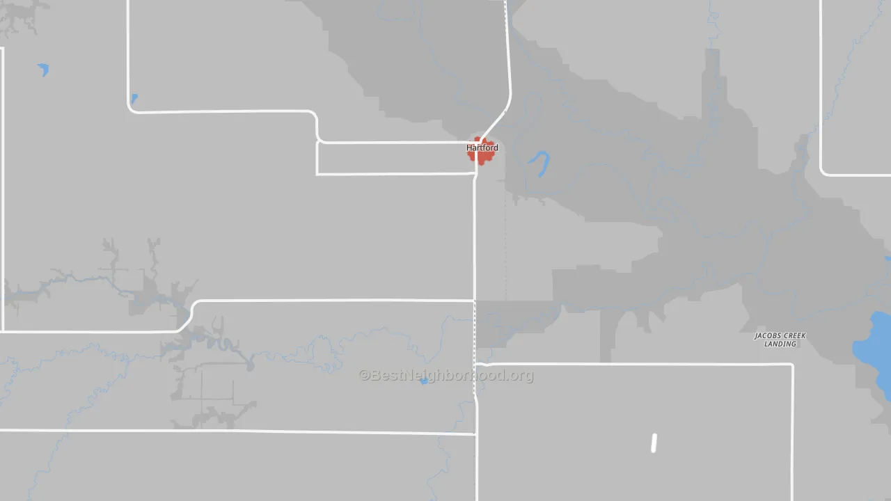 Walk Grade map of 66854, KS, walkable areas in green and car-dependent areas in red