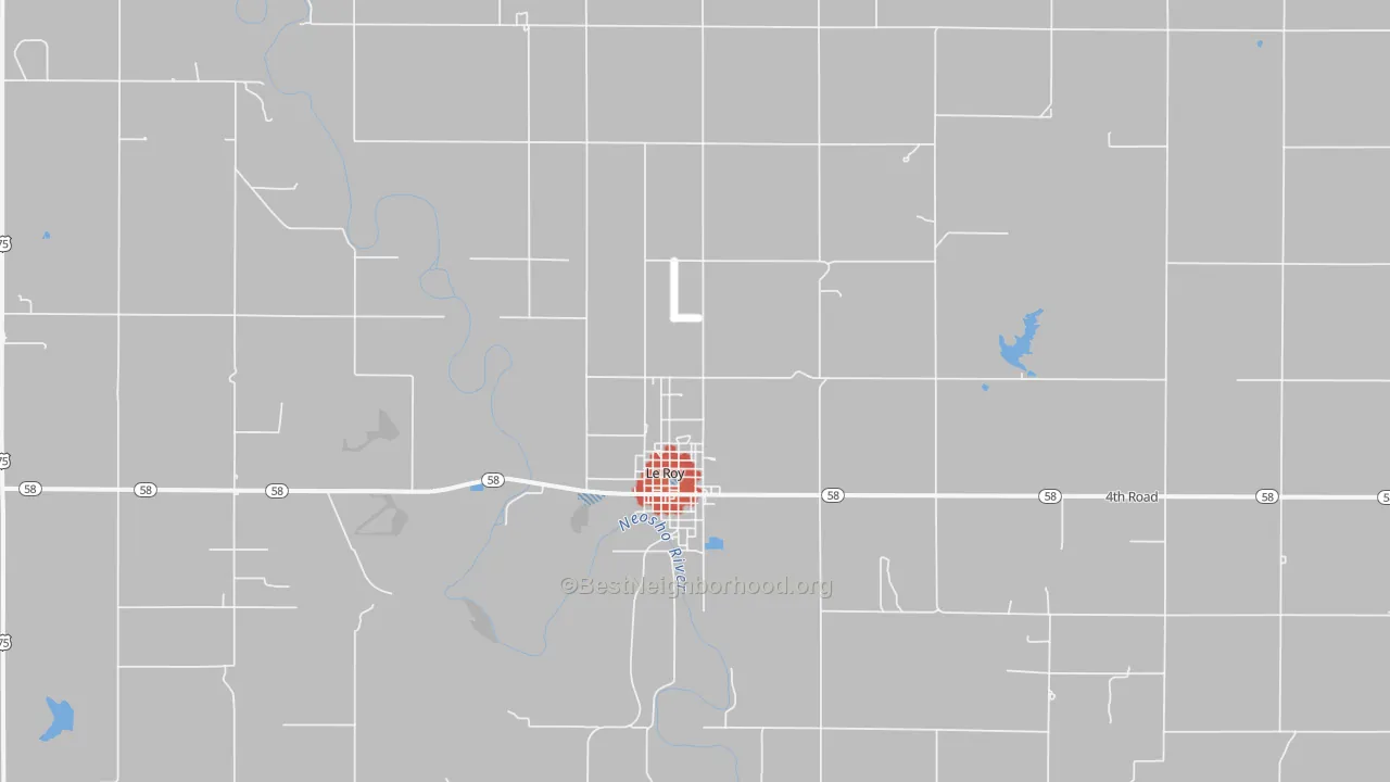 Walk Grade map of 66857, KS, walkable areas in green and car-dependent areas in red