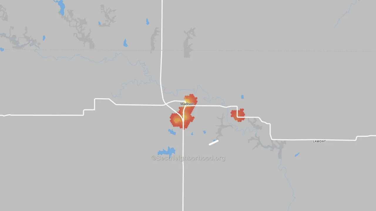 Walk Grade map of 66860, KS, walkable areas in green and car-dependent areas in red