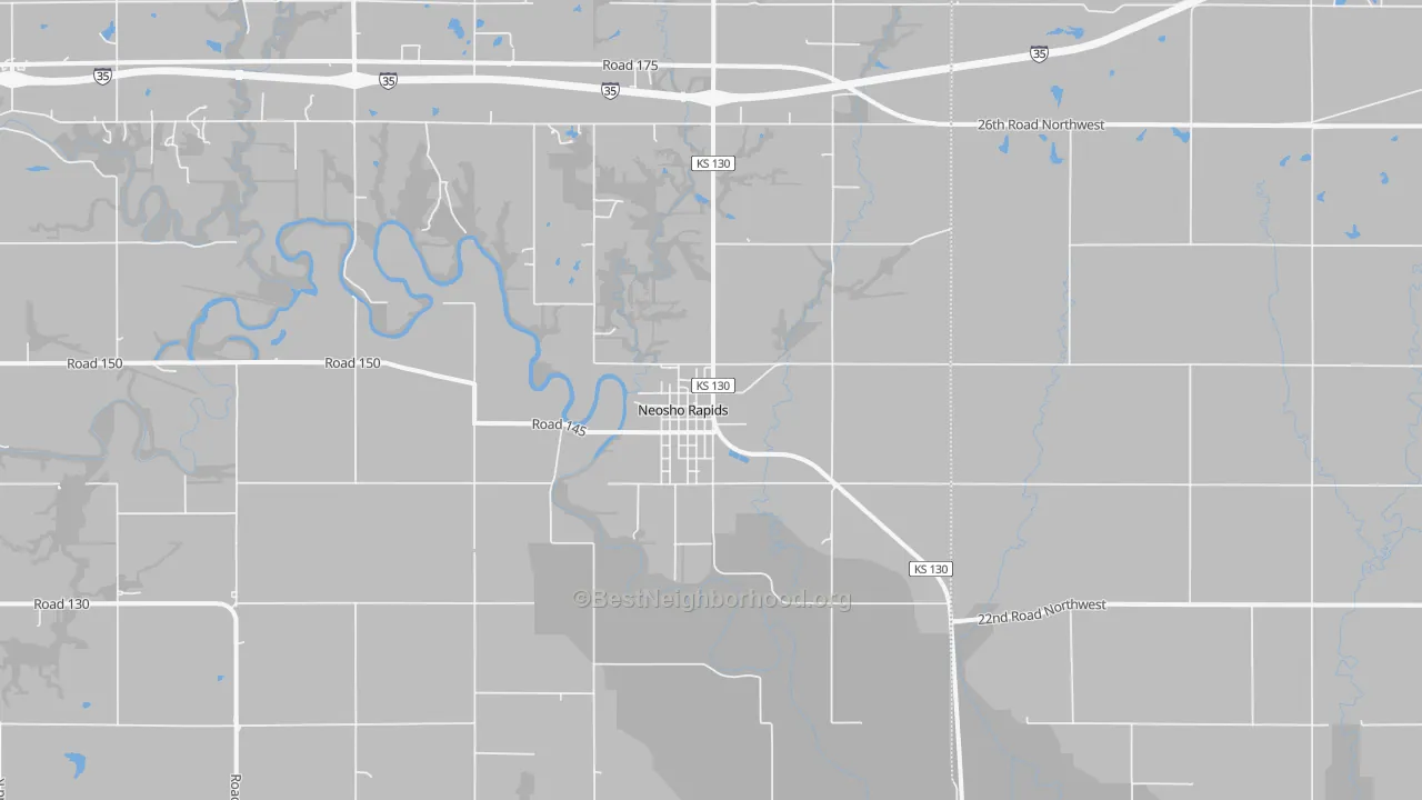Walk Grade map of 66864, KS, walkable areas in green and car-dependent areas in red
